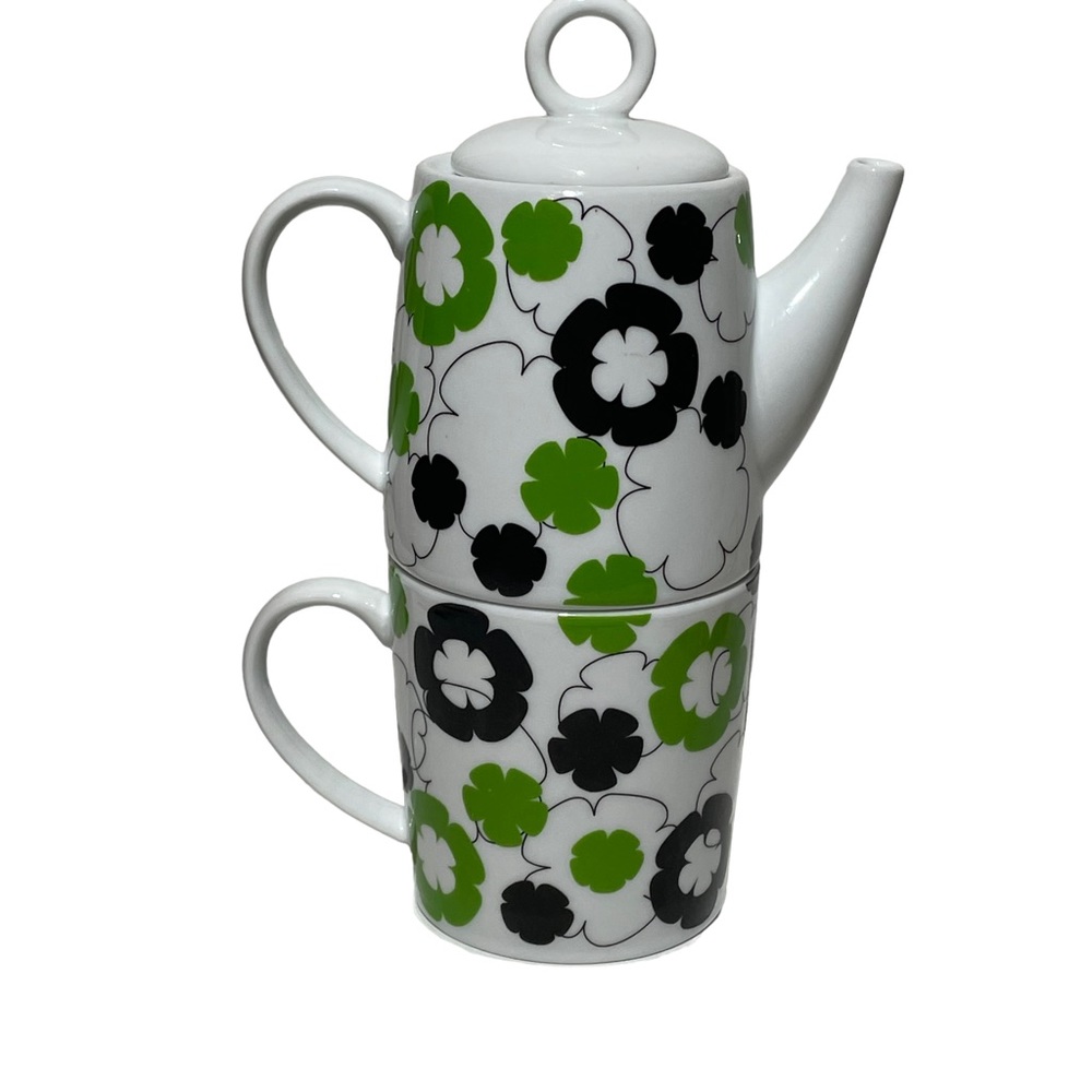 Stackable Teapot And Cup Set Bold Modern Flower Power Stir Gift Navy Blue Green